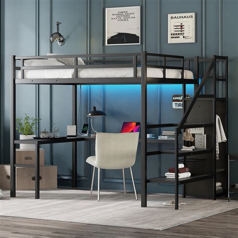 Full Size Metal Loft Bed with Desk and Wardrobe,Heavy Duty Loft Bed ...