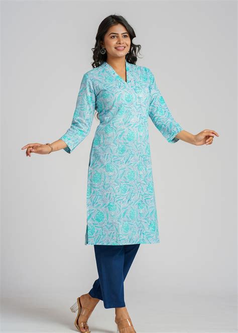Teal Block Printed Cotton Kurta – Cotton Curio