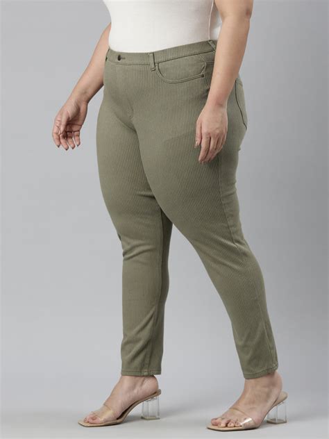 Olive Green Cotton Poly Stretch Stripes Printed Jeggings – Go Colors India
