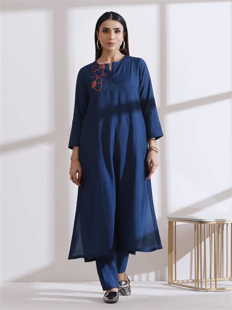 Buy 2 Pc Set - Airskin Navy Blue Handmade Flower Kurta With Pants ...