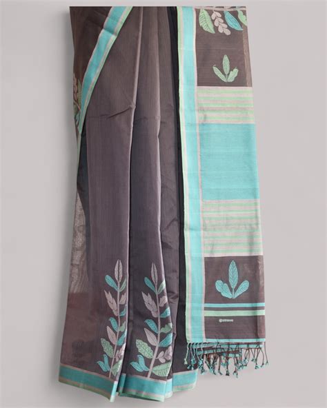 Charcoal Grey - Leaf Motif Organic Cotton Saree – Ethicus