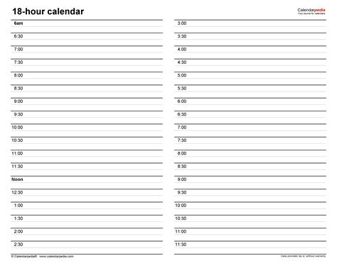 Hourly calendars in Microsoft Word format - 20+ templates