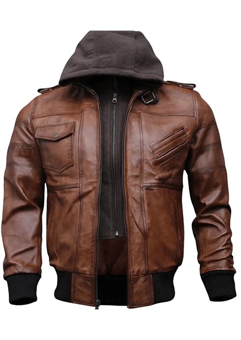 Men's Hooded Brown Leather Bomber Jacket - Real Leather Garments
