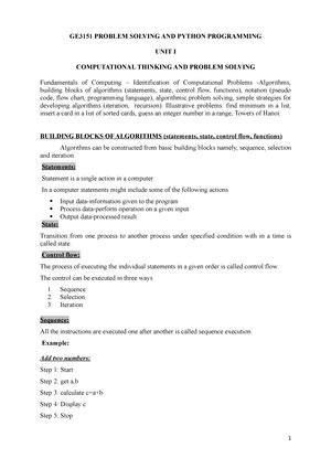 Problem Solving and Python Programming - GE3151 - Studocu