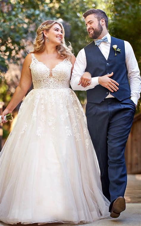 Plus Size Lace and Tulle A-Line Gown with Scoop Back - Essense of Australia Wedding Dresses