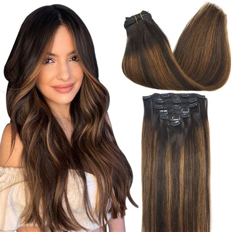MEEZAA Remy Hair Extensions Clip in Human Hair Ombre Dark Brown to ...