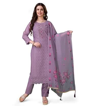 Buy MOJILAA Women's Lavender Chanderi Silk Bored Schiffli Embroidered ...