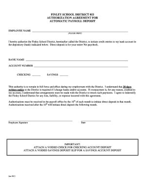 Fillable Online finleysd PAYROLL AUTHORIZATION AGREEMENT FOR ELECTRONIC ...