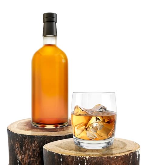 Whisky bottle with glass on old wood log | Premium Photo