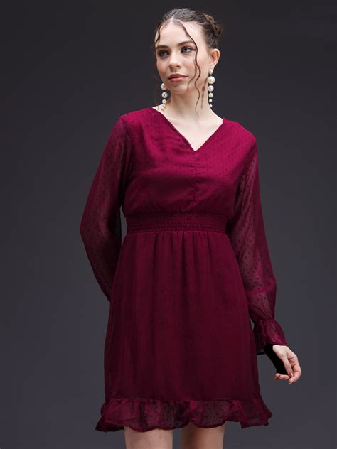 Stylish Ruffled Georgette Butta Fit & Flare Dress - Burgundy