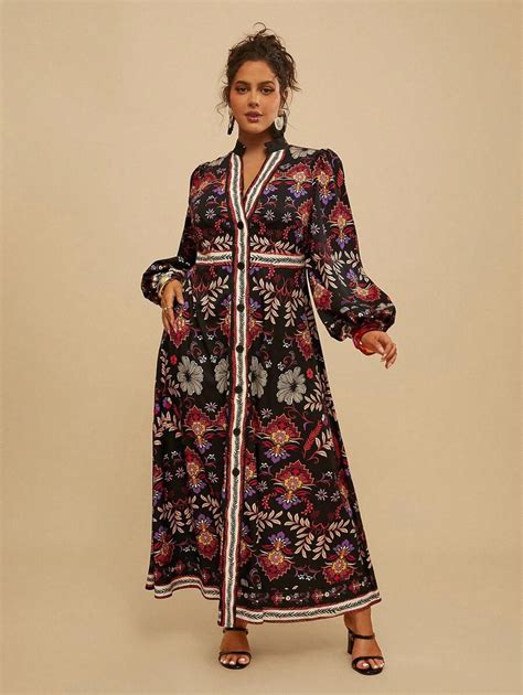 Travachic Plus Size Floral Print V-Neck Puffy Long Sleeve Shirt Women ...