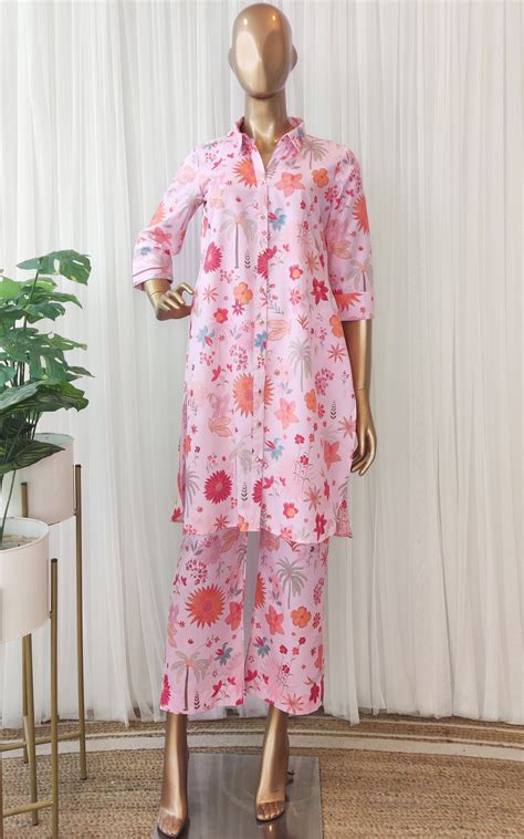 Pink Tropical Print Crepe Co-Ord Set