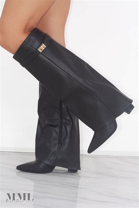 Black Leather Fold Over Shark Classic Buckle Knee High Boot | Trending ...