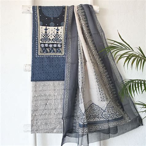 Roshani - Pure Cotton Self Design Grey And Blue With Cream Beautiful E ...