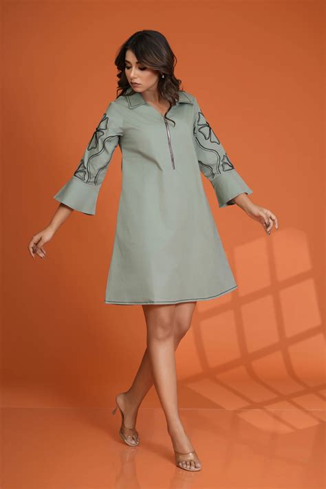 Sea Green Embroidered Bell Sleeve Mini Dress in Cotton Poplin – Kaftanize