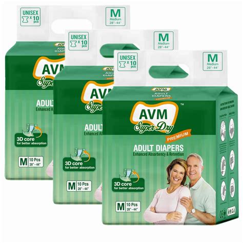 AVM Super Dry Premium Adult Diaper - Unisex Medium (28"-44") PACK OF 3 ...