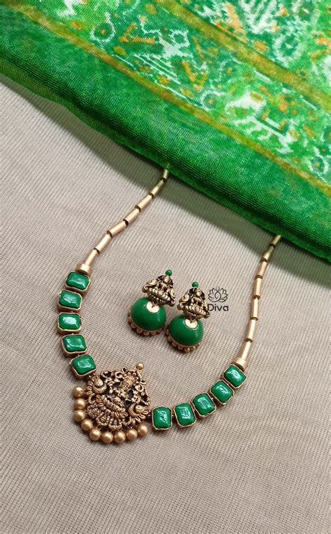 Green kundan Lakshmi terracotta jewellery – Diva Creations Terracotta ...