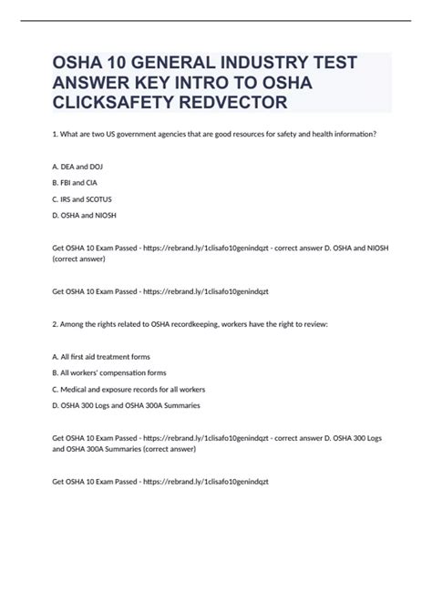 OSHA 10 GENERAL INDUSTRY TEST ANSWER KEY INTRO TO OSHA CLICKSAFETY ...