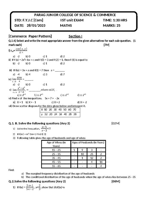 F.Y.J.C IIST Maths Unit Exam Paper - 2nd Unit Test 2023 - Studocu