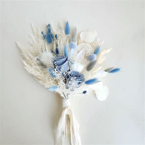 Dusty Blue Dried Flower Bouquet, Blue and Ivory Dried Flower Wedding ...