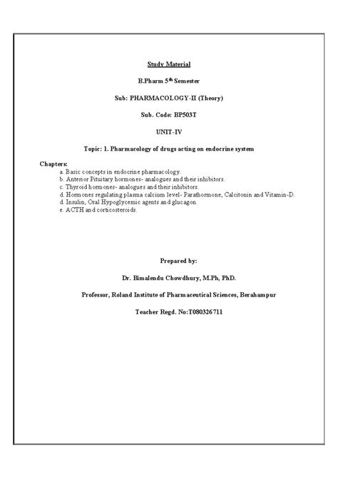 BP503T PHARMACOLOGY-II Unit IV: Endocrine Drug Mechanisms and Effects ...