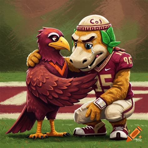 Cartoon mascots of Virginia Tech and Florida State on a field, the bird ...