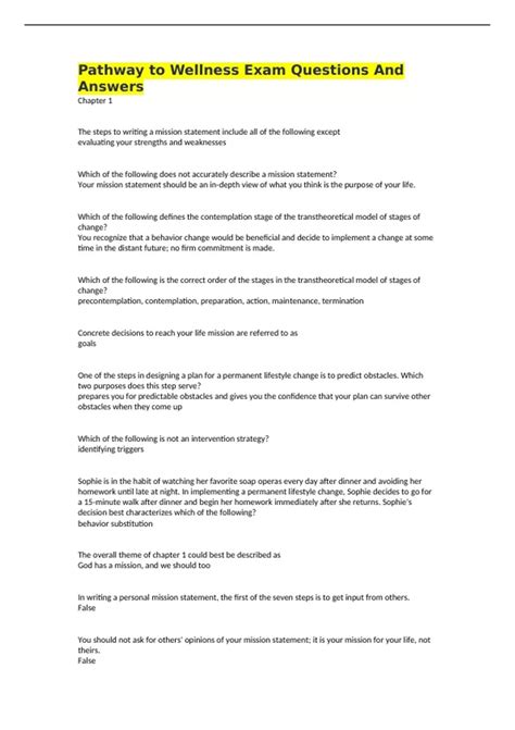 Pathway to Wellness Exam Questions And Answers - Health and Wellness ...