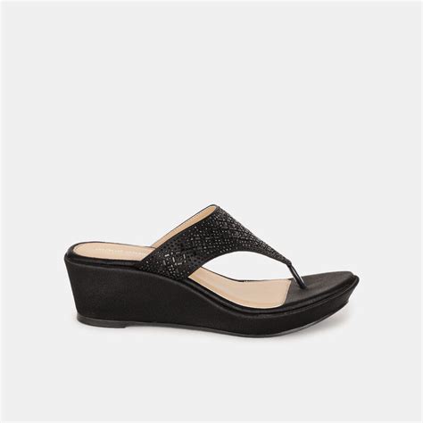 Marie claire black embellished wedge heel thongs for women | Bata