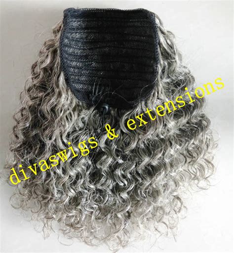 Women Gray Hair Extension Silver Grey Afro Puff Kinky Curly Drawstring ...