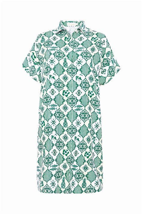 Women's White & Emerald Green Azulejos Oversize Shirt Dress - Verandah