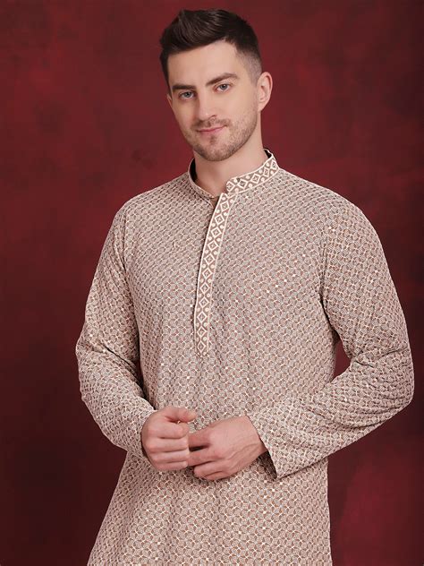 Men's Sequin Embroidered Pure Cotton Kurta with Pyjamas ( JOKP P 5028B ...