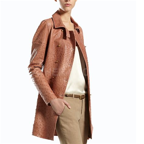 Ostrich Embossed Women Leather Coat