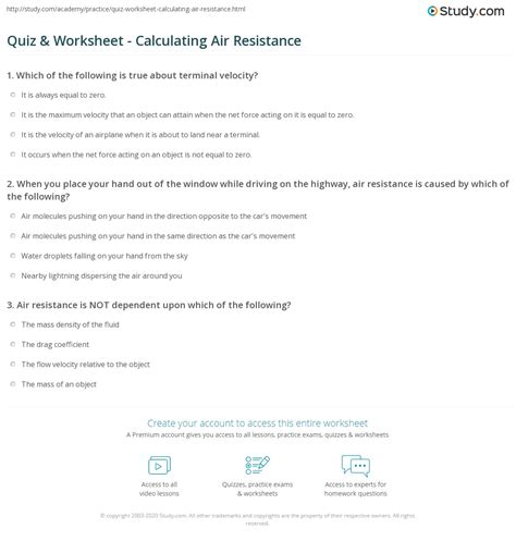Quiz & Worksheet - Calculating Air Resistance | Study.com