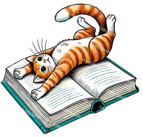 Cat on Open Book Clipart, Cute Orange Tabby Cat Digital Illustration ...