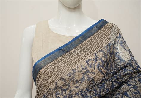 Blue Block Printed Kota Saree with Kalamkari Motifs- Desically Ethnic