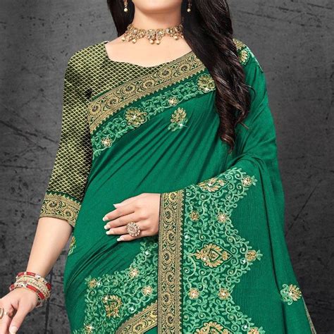 Green Embroidered With Embellished Vichitra Silk Saree