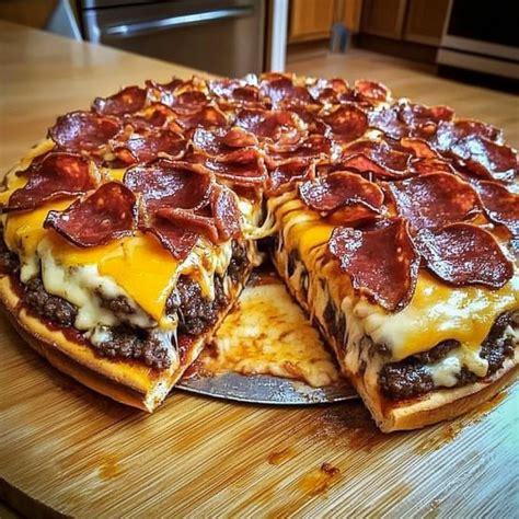 Giant Burger-Pizza with Meat, Cheese, and Bacon Slices