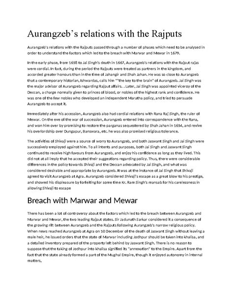 Aurangzeb's Changing Relations with Rajputs (1658-1679) Analysis - Studocu