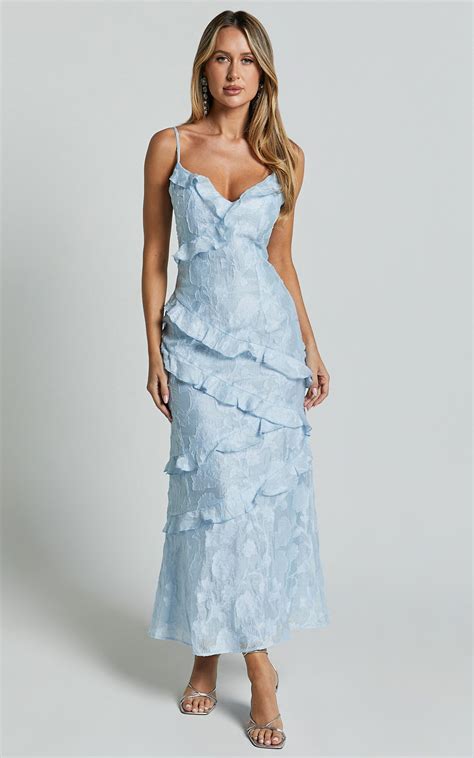 Michaela Midi Dress - Jacquard Ruffle Detail Tiered Dress in Light Blue in 2025 | Blue wedding ...