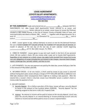 Fillable Online Blease agreementb coyote bluff apartments ...