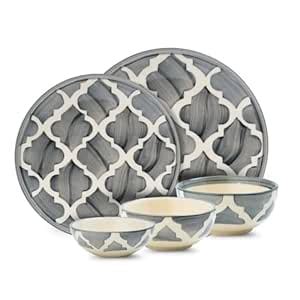 Motka 5 Piece Moroccan Print Grey Ceramic Light-Weight Dinner Set for ...
