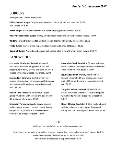 Menu at Baxter's Interurban Grill pub & bar, Tulsa