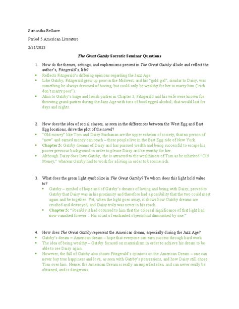 Great Gatsby Socratic Seminar Questions - American Lit - Samantha ...