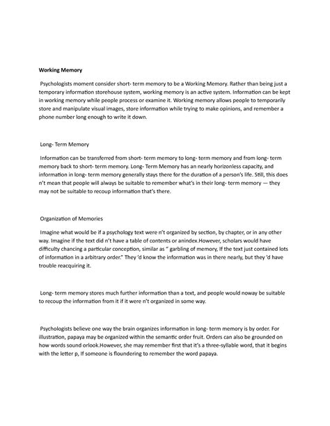 Working Memory-note - Working Memory Psychologists moment consider ...