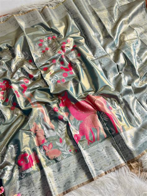 Pista Green Premium Tissue Silk Saree with Deer & Floral Zari Motifs ...