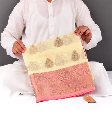 Cream Banarasi Check Texture Antique Buta Cutwork Brocade Woven Cotton