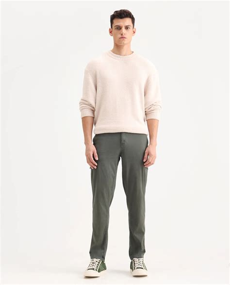 Rare Rabbit Men's Curex Dusky Olive Cotton Blend Plain Regular Fit Tro