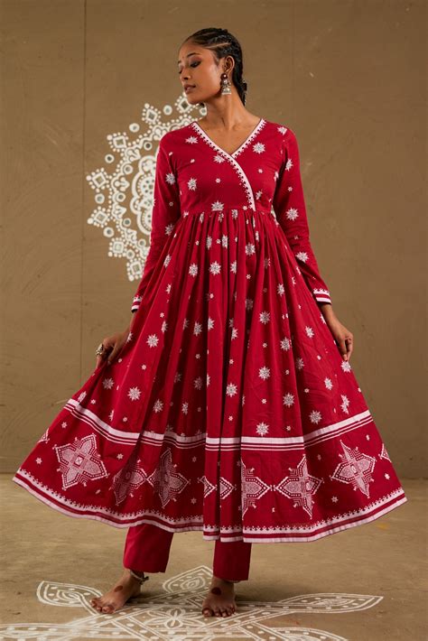 Roli Red Mul Cotton V Neck Anarkali Set