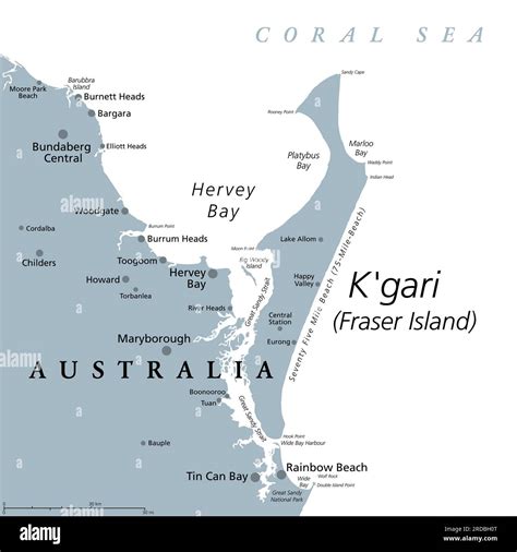 K'gari, formerly Fraser Island, gray political map. Worlds largest sand island along the coast ...