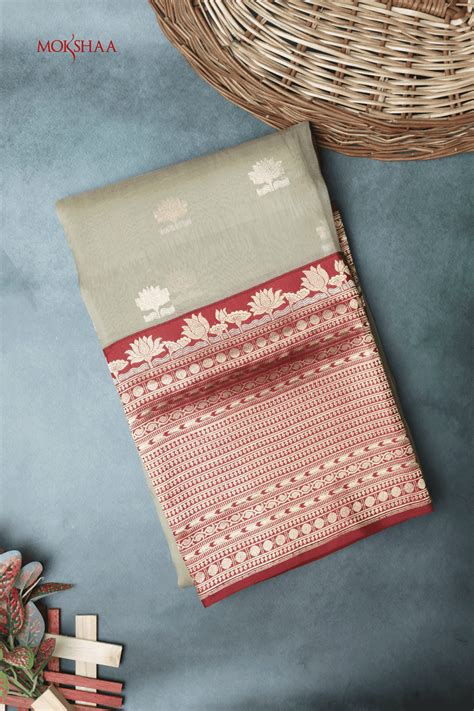 Olive Green Silk Kora Saree with Red Zari Lotus Border | Buy SAREES ...
